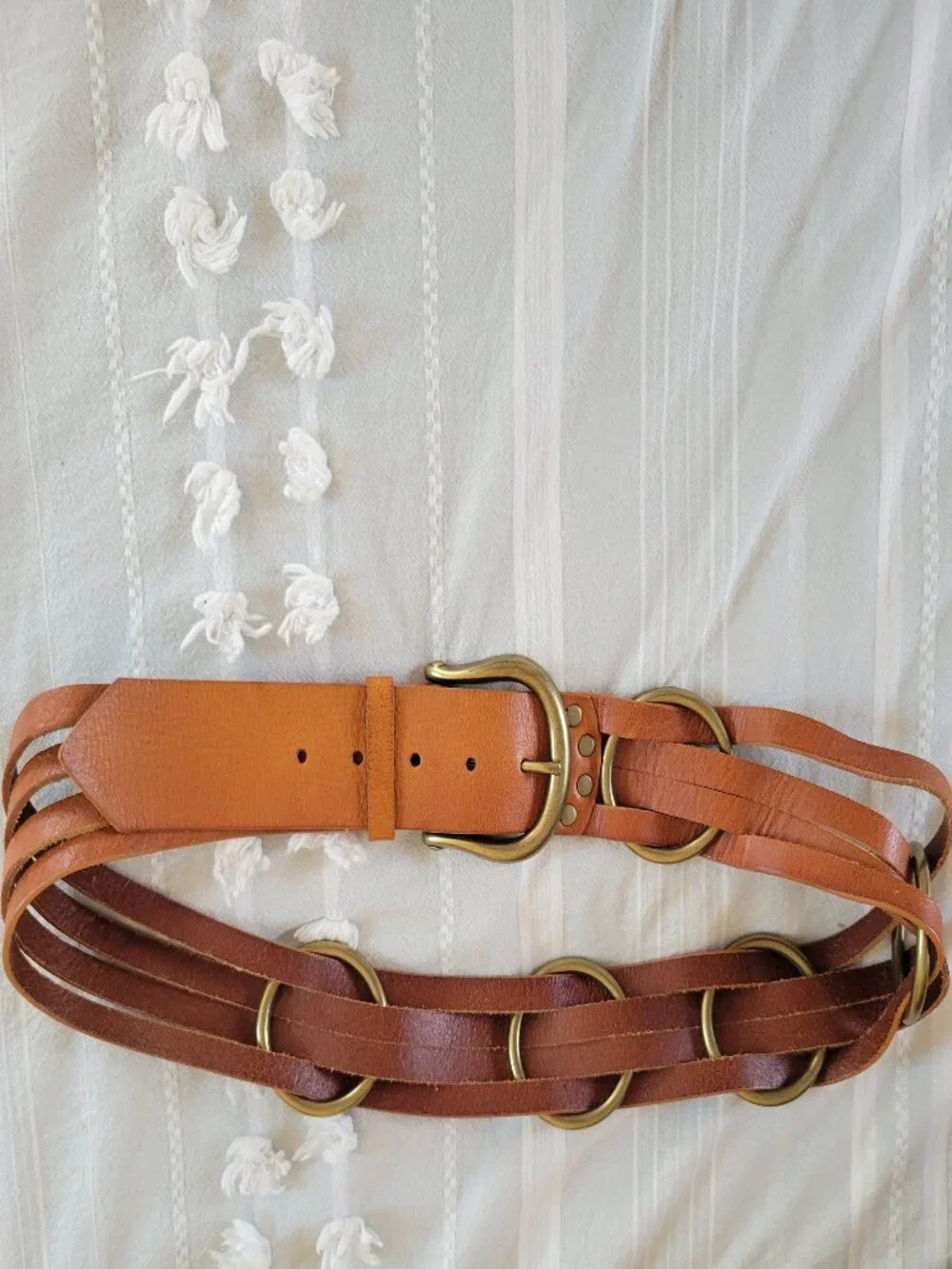 Boho Wide Multi-Strand Leather O-Ring Belt Cognac Brown Brass Hippie Chic
